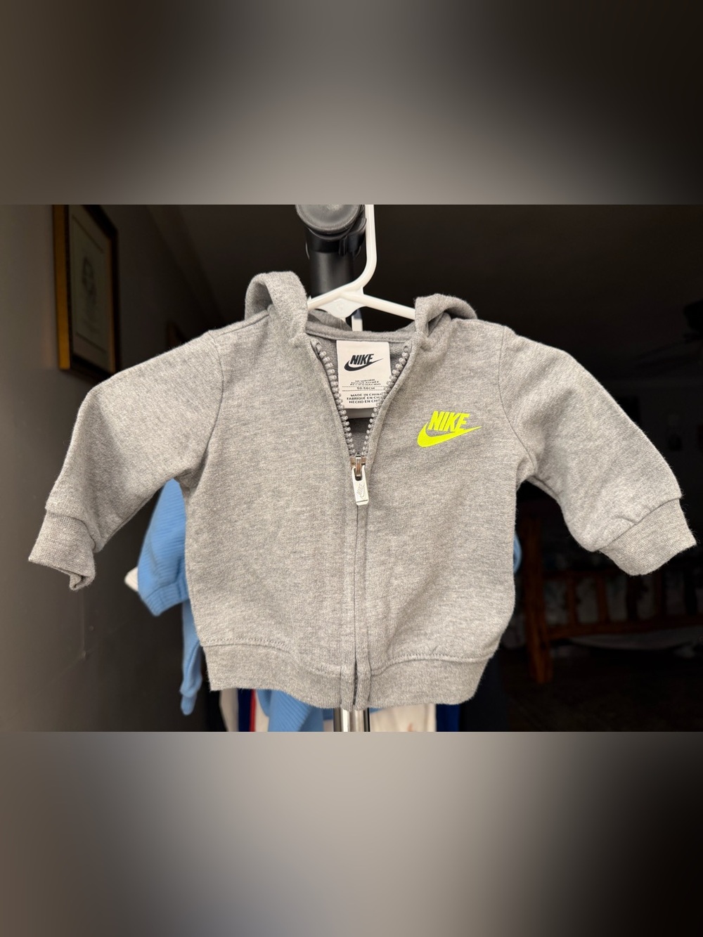 Nike Gray Baby Zip Hoodie with Neon Yellow Swoosh